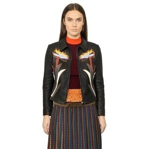 Tory Burch Womens Maddie Flower Patches Black Leather Jacket Sz 4 Emma Roberts